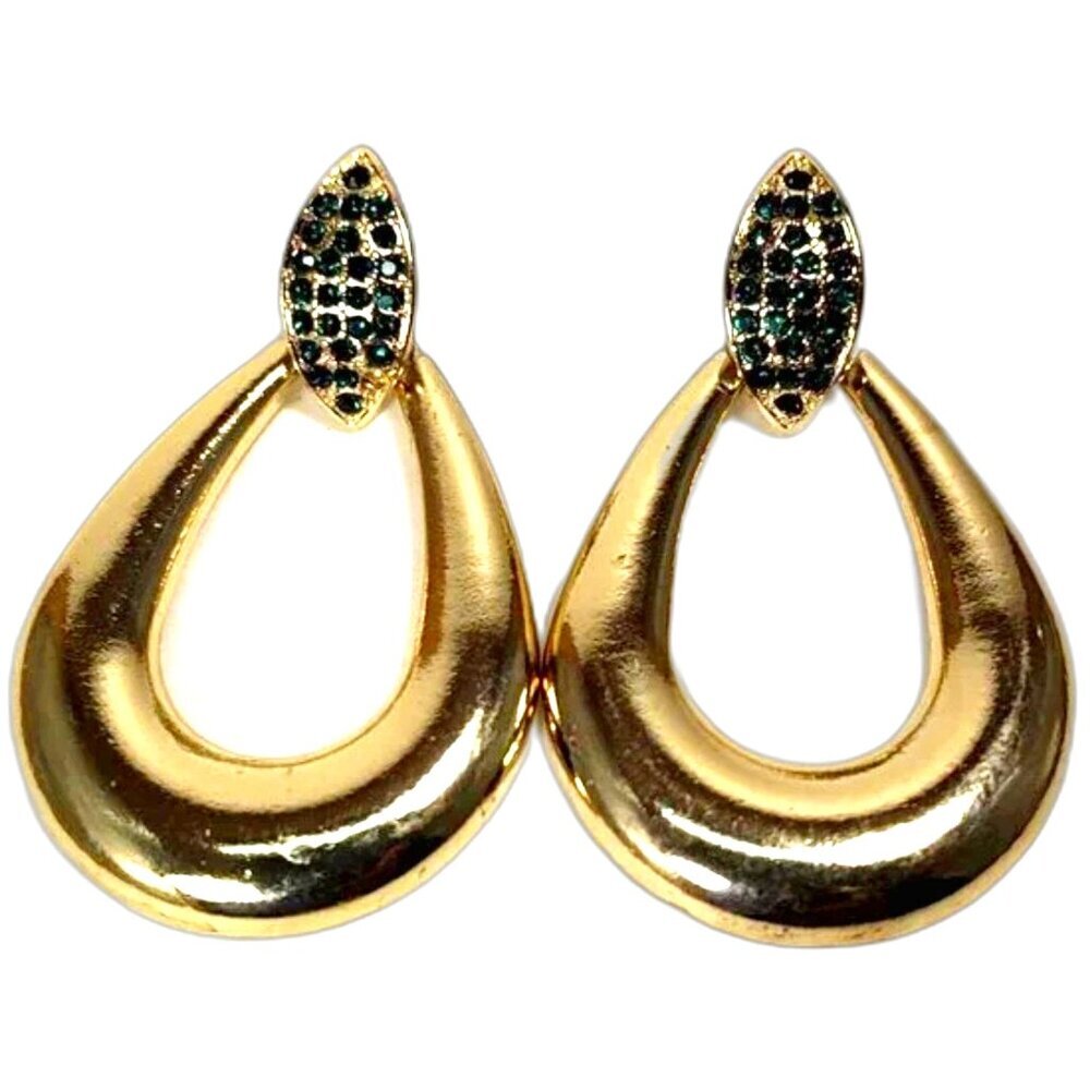 Gold Teardrop Statement Earrings – Emerald Crystal Stud, Bold Chic Sculpted Drop